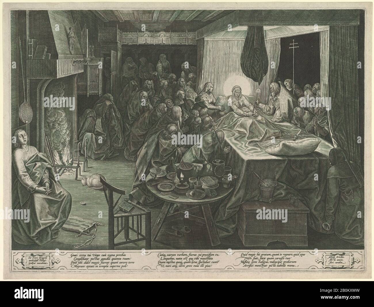 Philips Galle, La Morte Della Vergine, Philips Galle (Netherlandish, Haarlem 1537–1612 Anversa), Dopo Pieter Bruegel The Elder (Netherlandish, Breda (?) Ca. 1525–1569 Bruxelles), 1574, incisione; secondo stato di due, Piastra: 12 3/8 x 16 11/16 in. (31,5 x 42,4 cm), foglio: 13 x 17 1/4 in. (33 x 43,8 cm), stampe Foto Stock