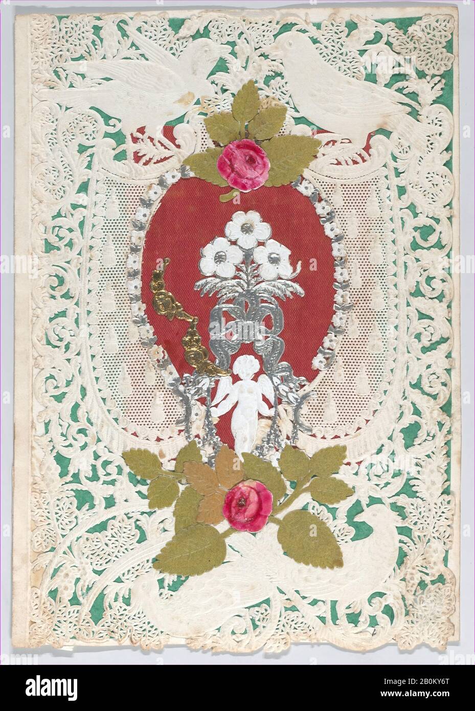 Anonimo, Valentine, Anonymous, 1859-1869, Cameo-goffrato, carta in pizzo open-work, cromolithografia, carta colorata, tessuto satinato, larghezza: 3 13/16 in. (9,7 cm), lunghezza: 5 5/16 in. (13,5 cm Foto Stock