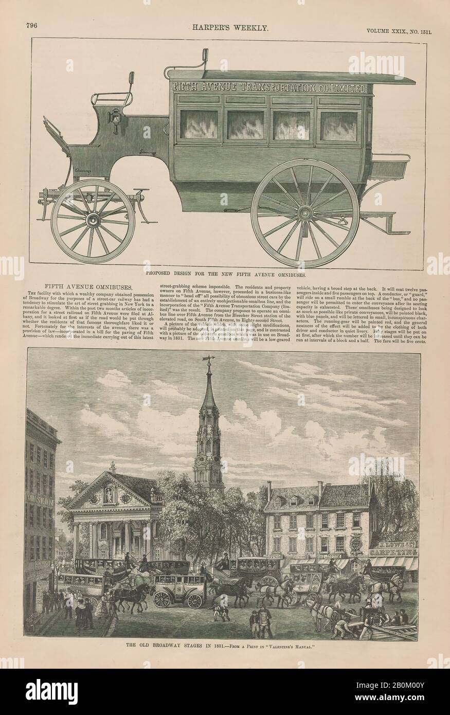 Harper's Weekly, Fifth Avenue Omnibus: Progetto proposto per la Nuova Quinta Ave Omnibus e La Old Broadway Stages nel 1831; da Harper's Weekly, 5 dicembre 1885, 1885, legno incisione, foglio: 16 × 11 in. (40,6 × 27,9 cm), stampe Foto Stock