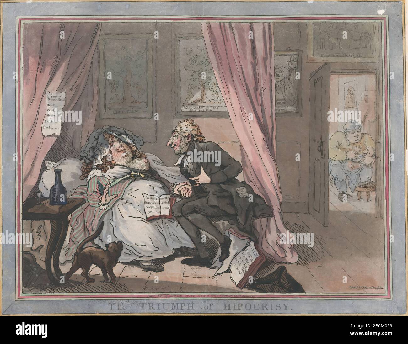Thomas Rowlandson, il trionfo Dell'Ipocrisia, Thomas Rowlandson (Londra 1757–1827), Dopo Samuel Collings (inglese, attivo 1784–95), 11 gennaio 1787, incisione puntinata a Mano e acquatinta, foglio: 12 1/2 × 16 1/16 in. (31,7 × 40,8 cm), stampe Foto Stock