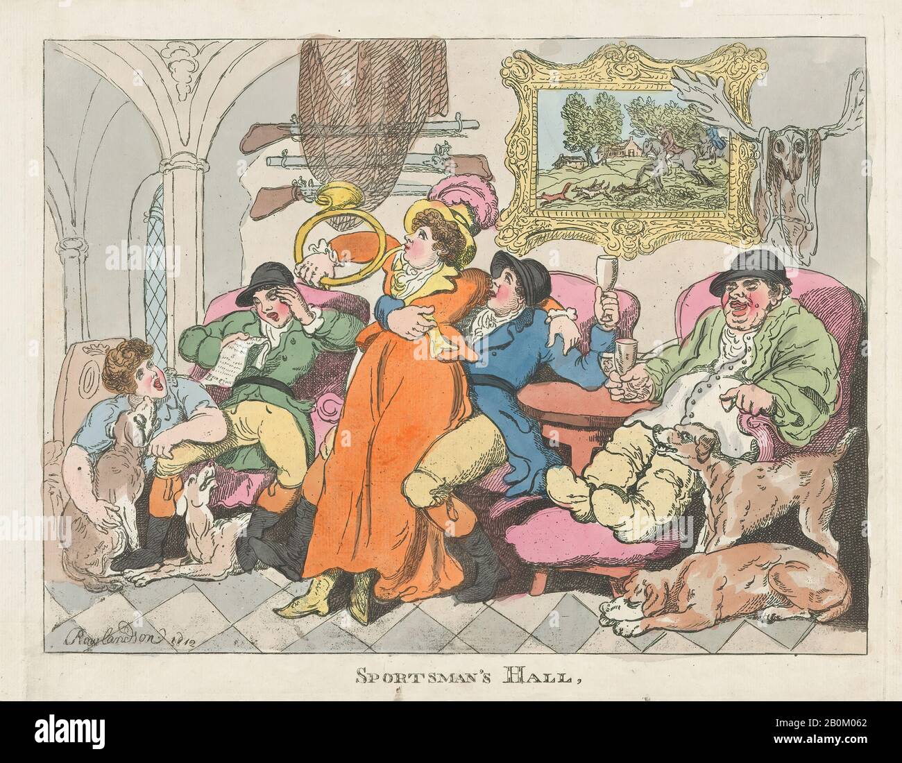 Thomas Rowlandson, Sportsman's Hall, o Fox-Hunters Relaxing, Thomas Rowlandson (British, London 1757–1827 London), 1812, incisione A Mano-colorata, foglio: 10 5/8 × 15 13/16 in. (27 × 40,1 cm), Piastra: 10 1/8 × 12 13/16 in. (25,7 × 32,5 cm), stampe Foto Stock