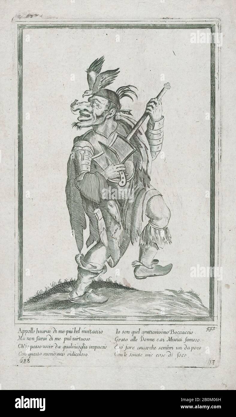 Anonimo, italiano, 17th secolo, una figura caricatura che rappresenta un musicista di strada(?) con un mouse (lizard?) sul suo naso e un uccello sulla sua testa, Anonimo, italiano, 17th secolo, ca. 1640–60, Incisione e Incisione, foglio: 14" × 8 3/8 in. (35,5 × 21,3 cm), Piastra: 11 13/16 × 6 7/8 in. (30 × 17,5 cm), stampe Foto Stock