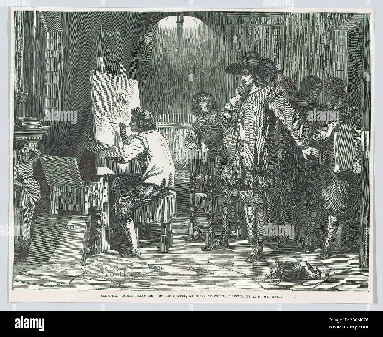 Walter George Mason, Sebastian Gomez Scoperto Dal Suo Maestro Murillo, Al Lavoro, Da 'Illustrato London News', Walter George Mason (Britannico, Holloway, Middlesex 1820–1866 Sydney, Nuovo Galles Del Sud, Australia), Dopo Edward Henry Wehnert (Britannico, Battezzato Londra 1813–1868 Londra), Sebastián Gómez (Spagnolo, Ca. 1646–1682 Siviglia), Bartolomé Estebán Murillo (Spagnolo, Siviglia 1617–1682 Siviglia), 29 Aprile 1848, Incisione In Legno, Foglio: 7 3/16 × 8 3/4 In. (18,3 × 22,3 cm), stampe Foto Stock