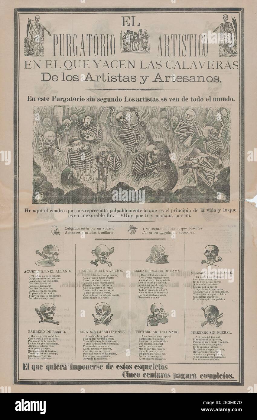 José Guadalupe Posada, Broadsheet, su recto artista e artigiani dell'inferno con oggetti relativi alla loro professione intitolata 'il purgatorio artistico, dove si trovano i calaveras di artisti e artigiani', su verso teschi relativi a diverse professioni, José Guadalupe Posada (Messico, 1851–1913), ca. 1900–1910, Etching su zinco, woodcut, letterpress, rilievo, foglio: 23 5/8 × 15 3/4 in. (60 × 40 cm), stampe Foto Stock