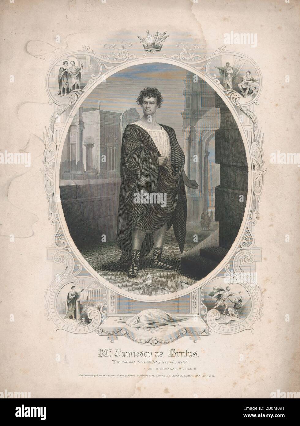 Martin & Johnson, New York, Jamieson come Brutus: 'Non vorrei Cassio; Eppure lo amo bene' (Julius Caesar Act i, scena II), George W. Jamieson (americano, 1812–1868), William Shakespeare (britannico, Stratford-upon-Avon 1564–1616 Stratford-upon-Avon), 1855, Paletto e incisione di linea, foglio: 11 in. × 8 9/16 in. (28 × 21,8 cm), stampe Foto Stock