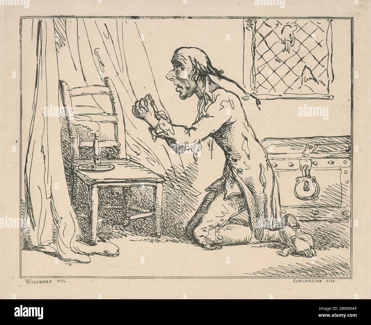 Thomas Rowlandson, La Preghiera Del Miser, Le Preghiere E I Giornali, Dopo George Moutard Woodward (Inglese, Ca. 1760–1809 Londra), 10 Febbraio 1801, Acquaforte, Foglio: 8 7/8 × 11 1/16 In. (22,5 × 28,1 cm), stampe Foto Stock