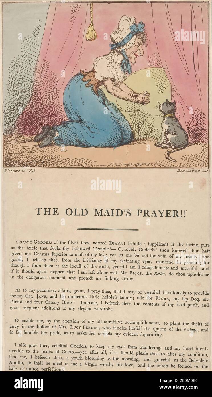 Thomas Rowlandson, The Old Maid'S Prayer!!, Preghiere E Giornali, Dopo George Moutard Woodward (Inglese, Ca. 1760–1809 Londra), 10 febbraio 1801, incisione A Mano, foglio: 17 7/16 × 11 1/4 in. (44,3 × 28,6 cm), Piastra: 7 15/16 × 9 3/4 in. (20,1 × 24,7 cm), stampe Foto Stock