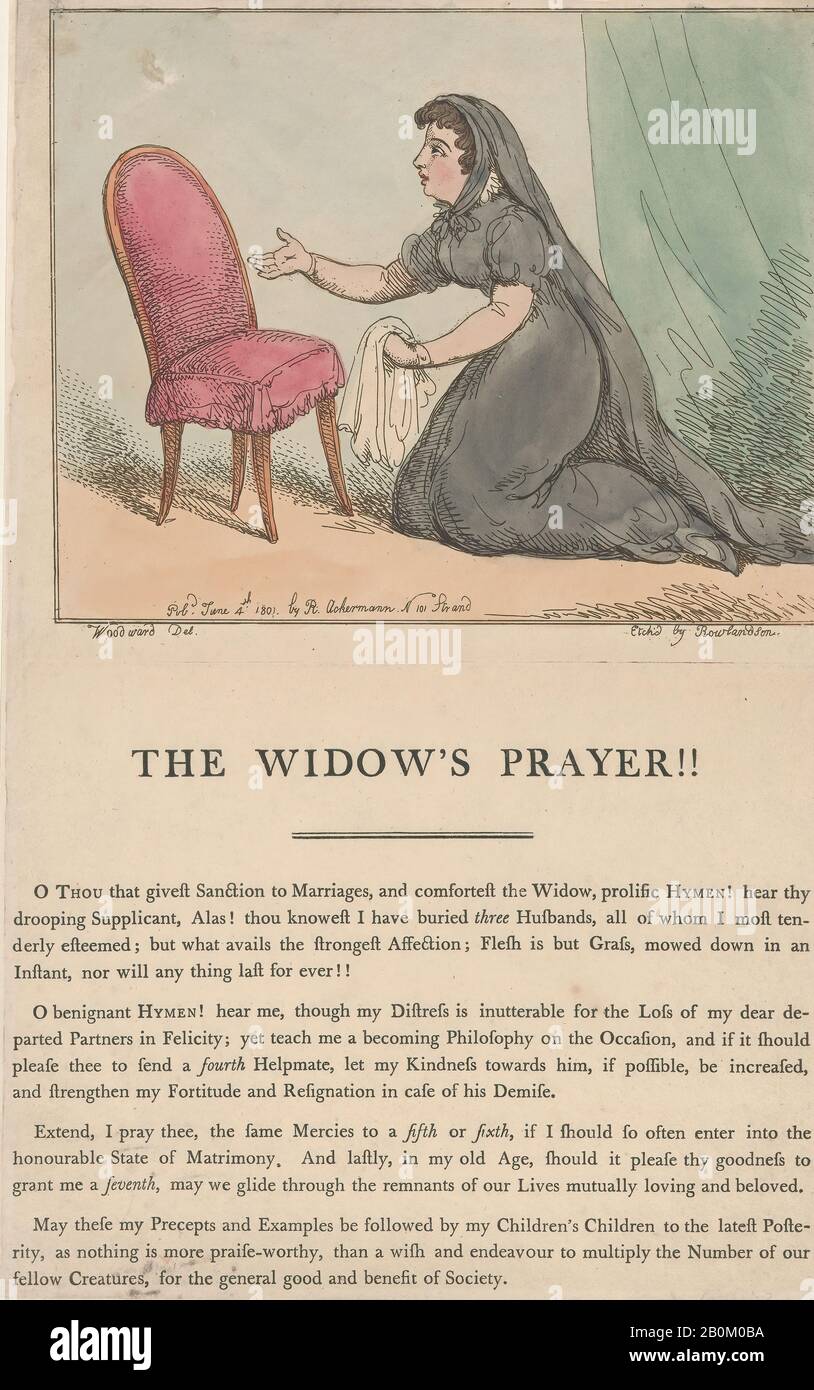 Thomas Rowlandson, The Widow'S Prayer!!, Preghiere E Giornali, Dopo George Moutard Woodward (Inglese, Ca. 1760–1809 Londra), 4 giugno 1801, incisione A Mano, foglio: 15 3/16 × 9 3/4 in. (38,5 × 24,8 cm), Piastra: 7 3/4 × 9 5/8 in. (19,7 × 24,5 cm), stampe Foto Stock