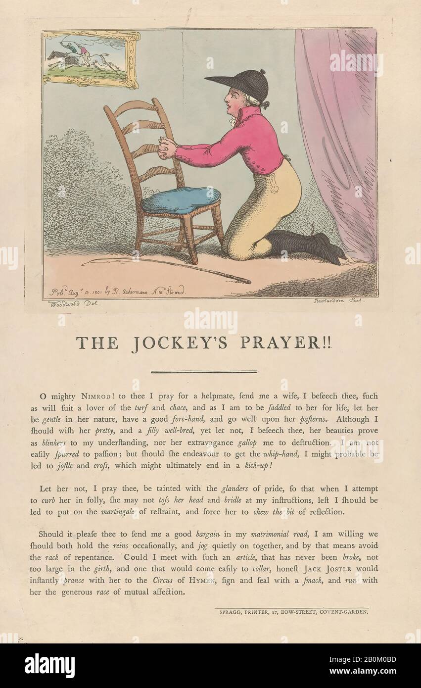 Thomas Rowlandson, The Jockey'S Prayer!!, Preghiere E Giornali, Dopo George Moutard Woodward (Inglese, Ca. 1760–1809 Londra), 10 agosto 1801, incisione A Mano, foglio: 17 7/16 × 11 5/8 in. (44,3 × 29,6 cm), Piastra: 7 7/8 × 9 13/16 in. (20 × 25 cm), stampe Foto Stock