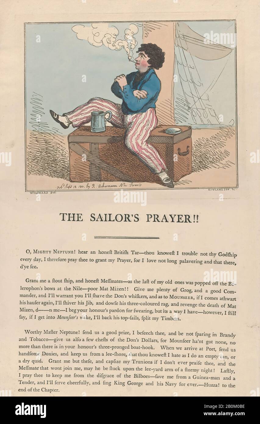 Thomas Rowlandson, La Preghiera Del Sailor!!, Preghiere E Giornali, Dopo George Moutard Woodward (Inglese, Ca. 1760–1809 Londra), 12 settembre 1801, incisione A Mano, foglio: 17 7/16 × 11 5/16 in. (44,3 × 28,8 cm), Piastra: 8 × 9 13/16 in. (20,3 × 25 cm), stampe Foto Stock