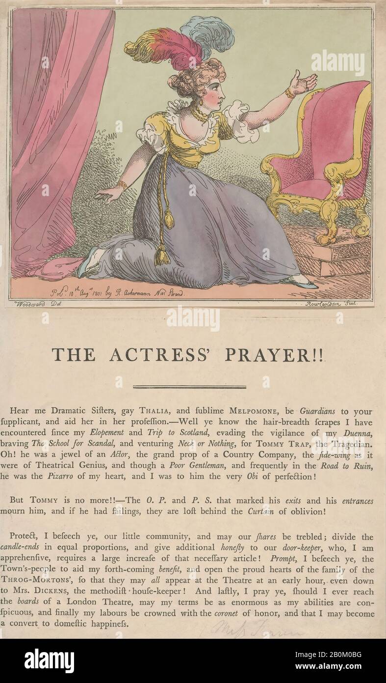 Thomas Rowlandson, La Preghiera Degli Actress!!, Preghiere E Giornali, Dopo George Moutard Woodward (Inglese, Ca. 1760–1809 Londra), 10 Agosto 1801, Acquaforte, Foglio: 16" × 9 5/8 in. (40,7 × 24,5 cm), Piastra: 7 7/8 × 9 5/8 in. (20 × 24,5 cm), stampe Foto Stock