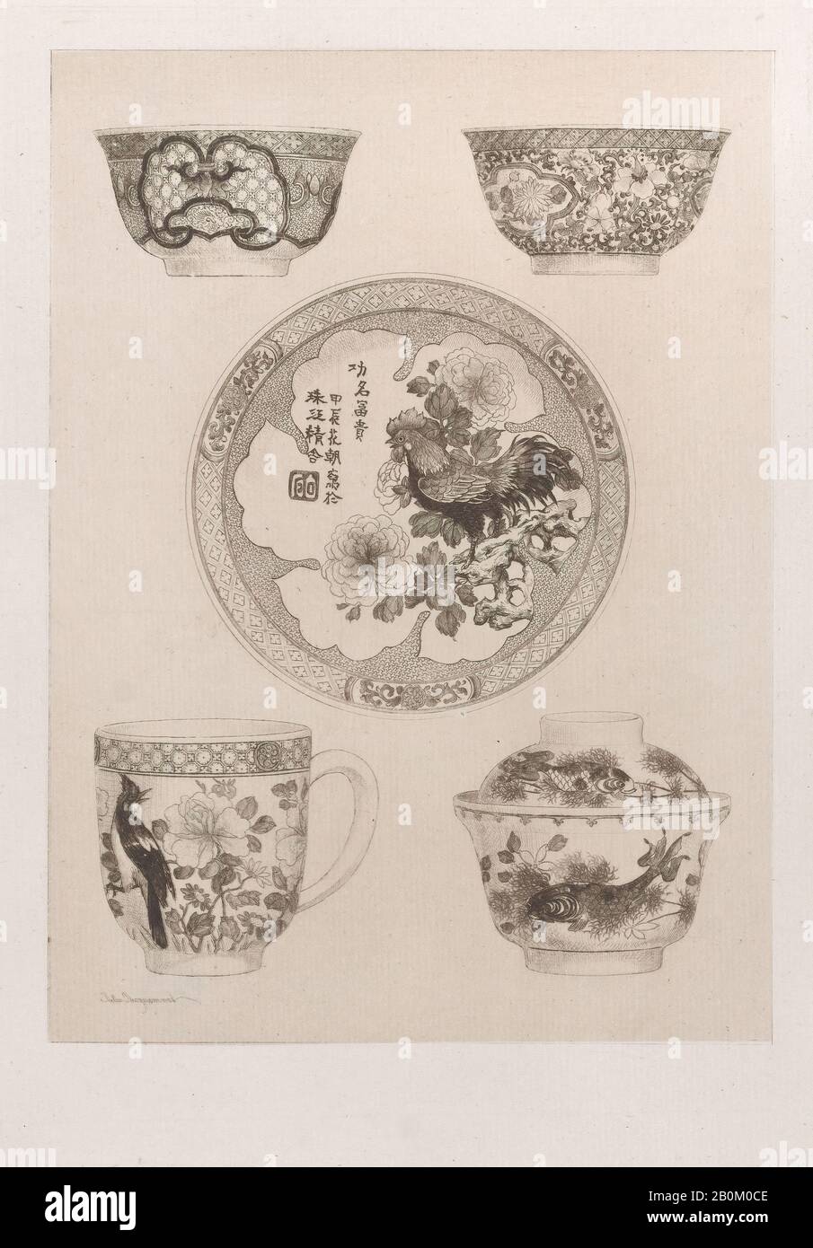 Jules-Ferdinand Jacquemart, Famille Rose Japonaise, Storia Della Porcellana, Jules-Ferdinand Jacquemart (Parigi 1837–1880 Parigi), 1862, Incisione, Foglio: 10 3/4 × 7 7/8 In. (27,3 × 20 cm), Piastra: 9 3/4 × 6 7/8 in. (24,8 × 17,5 cm), stampe Foto Stock