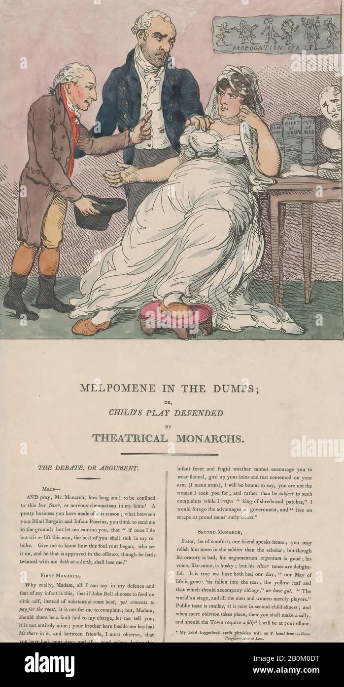 Thomas Rowlandson, Melpomene In The Dumps, O Child'S Play Difeso Da Monarchi Teatrali, Thomas Rowlandson (Londra 1757–1827 Londra), Sarah Siddons (Regno Unito, Brecon, Galles 1755–1831 Londra), John Philip Kemble (Regno Unito, Prescot, Lancashire 1757–1823 Losanna), 1804, Hand-Colored Etching, Sheet: × 5/9. (44,7 × 24,2 cm), stampe Foto Stock Thomas Rowlandson, Melpomene In The Dumps, O Child'S Play Difeso Da Monarchi Teatrali, Thomas Rowlandson (Londra 1757–1827 Londra), Sarah Siddons (Regno Unito, Brecon, Galles 1755–1831 Londra), John Philip Kemble (Regno Unito, Prescot, Lancashire 1757–1823 Losanna), 1804, Hand-Colored Etching, Sheet: × 5/9. (44,7 × 24,2 cm), stampe Foto Stock