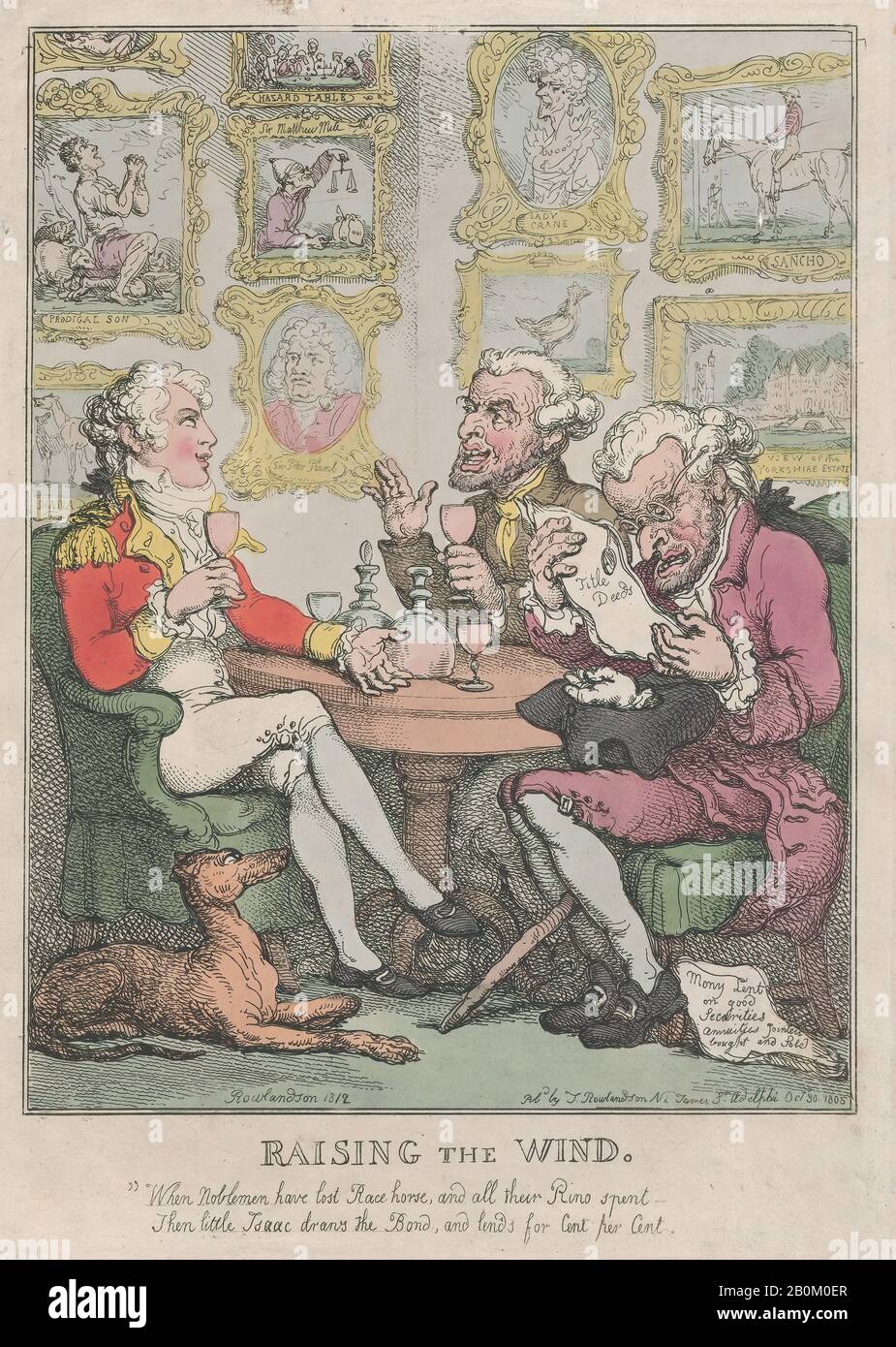 Thomas Rowlandson, Raising the Wind, Thomas Rowlandson (British, London 1757–1827 London), 1805–12, Hand colored etching, foglio: 13 15/16 × 10 1/16 in. (35,4 × 25,5 cm), stampe Foto Stock