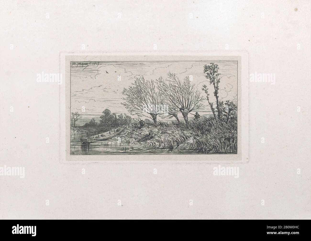 Charles Jacque, Paesaggio Con Willow Trees, Charles Jacque (Parigi 1813-1894), 1845, Acquaforte, Foglio: 7 3/8 × 10 1/8 In. (18,8 × 25,8 cm), Piastra: 3 9/16 × 5 7/8 in. (9 × 15 cm), stampe Foto Stock