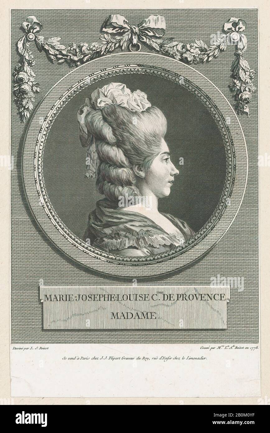 Marie Louise Adélenide Boizot, Marie-Josephe-Louise, Countesse of Provence, Madame, Marie Louise Adélenide Boizot (Parigi 1744–1800), Dopo Louis Simon Boizot (Parigi 1743–1809 Parigi), 1778, Incisione e incisione; primo stato di due, foglio (rifilato): 9 3/4 × 6 1/4 in. (24,7 × 15,8 cm), Monte: 10 15/16 in. × 7 7/16 poll. (27,8 × 18,9 cm), stampe Foto Stock