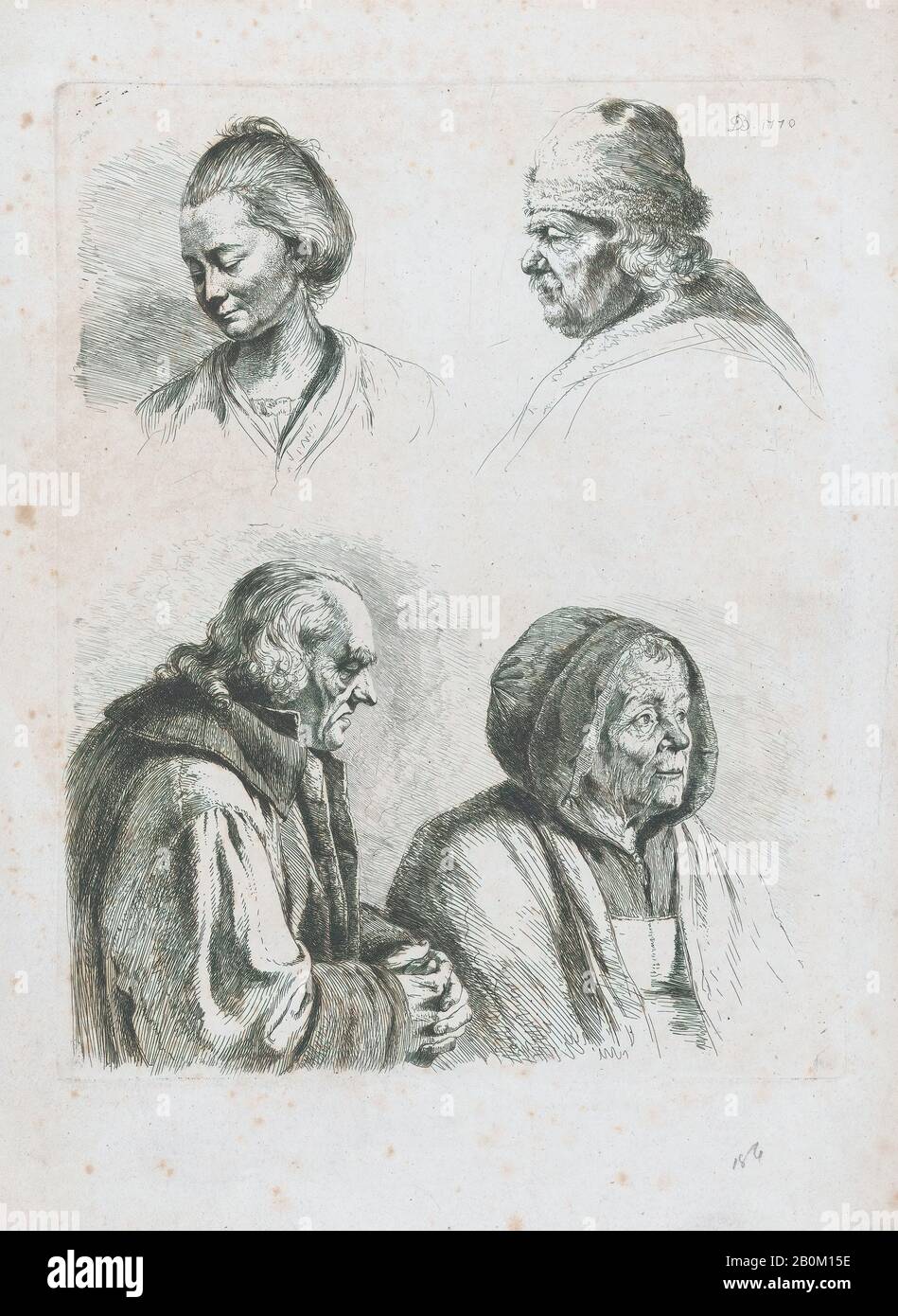 Jean Jacques de Boissieu, Studio Di Quattro capi, Jean Jacques de Boissieu (francese, Lione 1736–1810 Lione), 1770, Incisione; terzo stato di tre, foglio: 12 5/16 × 8 7/8 in. (31,2 × 22,5 cm), Piastra: 9 5/16 × 7 5/16 in. (23,6 × 18,6 cm), stampe Foto Stock