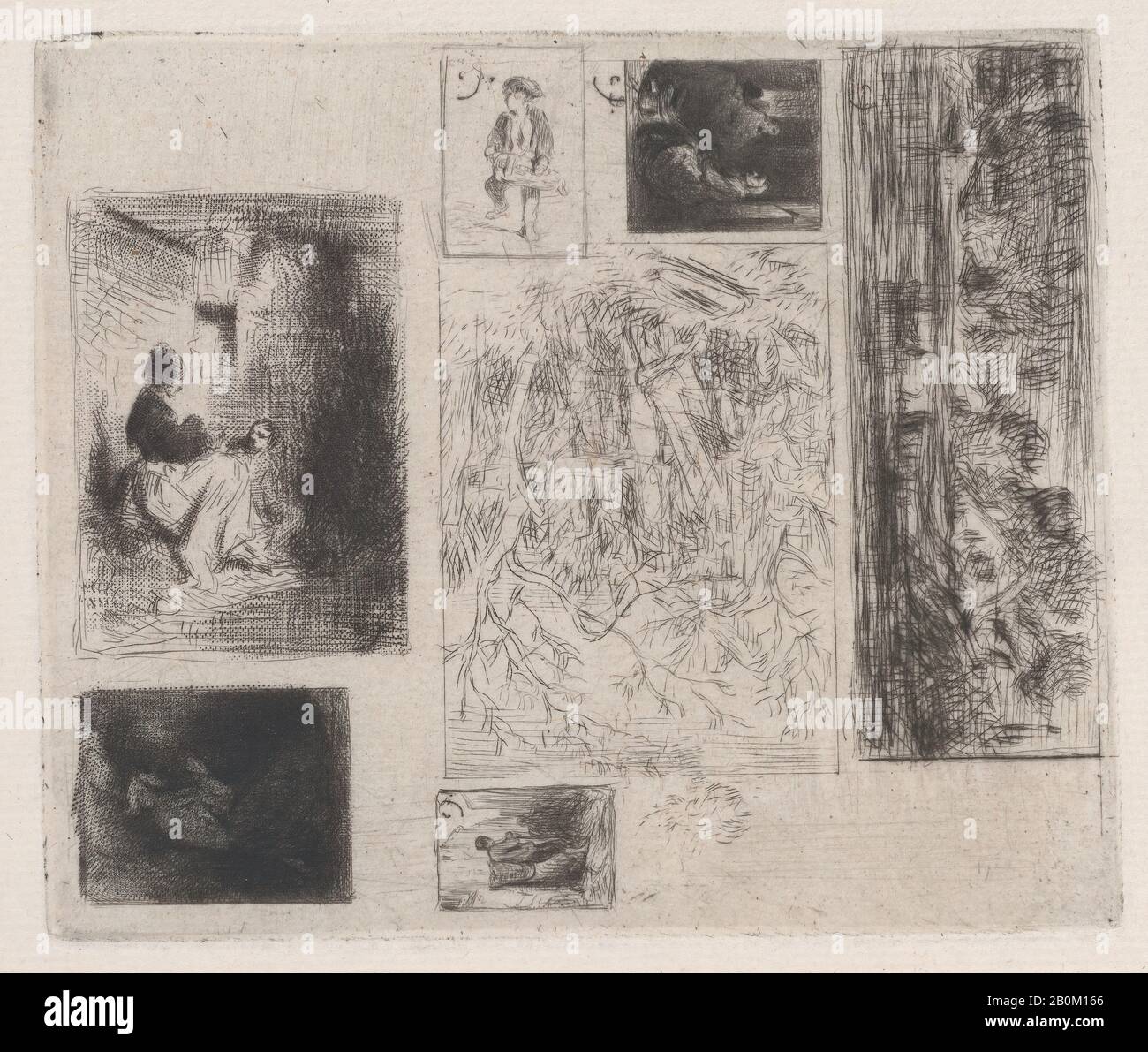 Charles Jacque, piatto composito: Donna e bambini (a), Old Musician (b), Frying Merchant (c), Landscape (d), Landscape (e), Praying Monk (f), and Scavenger (g), Charles Jacque (francese, Parigi 1813–1894 Parigi), 1843, Drypoint, foglio (Rifilato): 7 1/16 × 9 7/16 in. (18 × 24 cm), Piastra: 3 5/8 × 4 5/16 in. (9,3 × 11 cm), immagine (a): 1 7/8 × 1 3/8 in. (4,8 × 3,5 cm), immagine (b): 13/16 × 9/16 in. (2 × 1,5 cm), immagine (c): 13/16 × 11/16 in. (2 × 1,8 cm), immagine (d): 1" × 2 3/4 poll. (2,5 × 7 cm), immagine (e): 1 9/16 × 1 15/16 in. (4 × 5 cm), immagine (f): 1 1/16 × 7/8 in. (2,8 × 2,3 cm), immagine (g): 1/2 × 11/ Foto Stock
