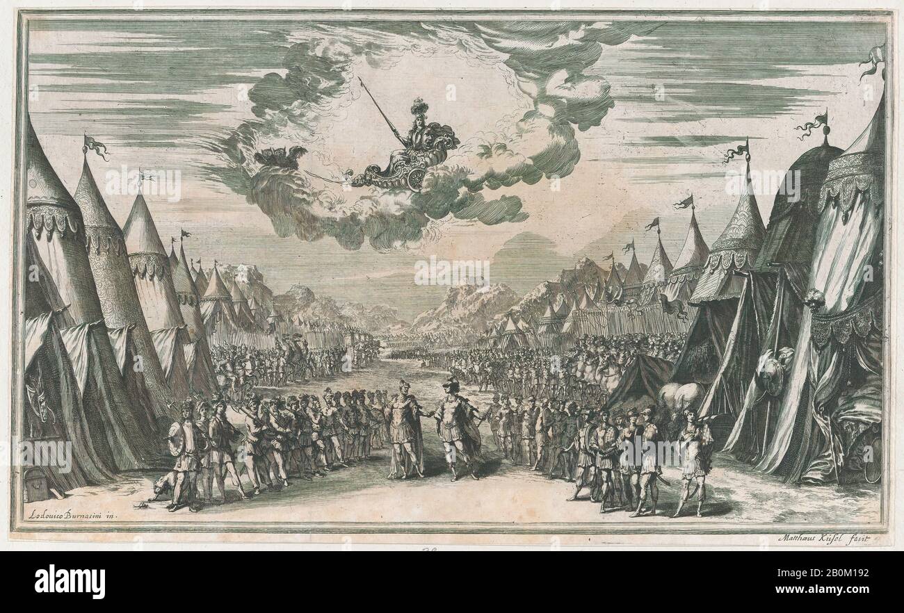 Mathäus Küsel, i capi di due eserciti che convergono, le loro rispettive truppe e campi su entrambi i lati; sopra, Minerva osserva dal suo carro; disegno di insieme da 'il Pomo D'Oro', Mathäus Küsel (tedesco, 1621–1682), dopo Ludovico Ottaviano Burnacini (italiano, Mantova 1636–1707 Vienna (Austria attiva))), 1668, Acquaforte, foglio (Rifilato): 10 3/8 in. × 17 poll. (26,4 × 43,2 cm Foto Stock