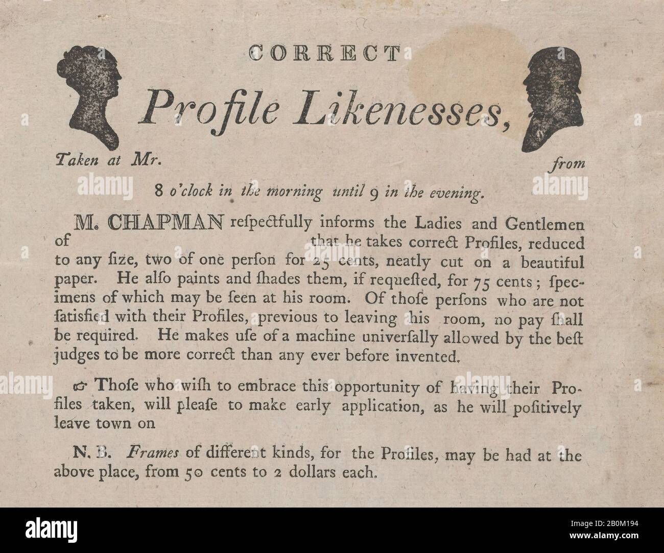 Anonimo, Pubblicità per le somiglianze di profilo di Moses Chapman, Anonymous, American, 19th Century, Moses Chapman (American, 1783–1821), 1803–21, Letterpress, foglio: 6 7/8 × 8 1/4 in. (17,5 × 20,9 cm Foto Stock