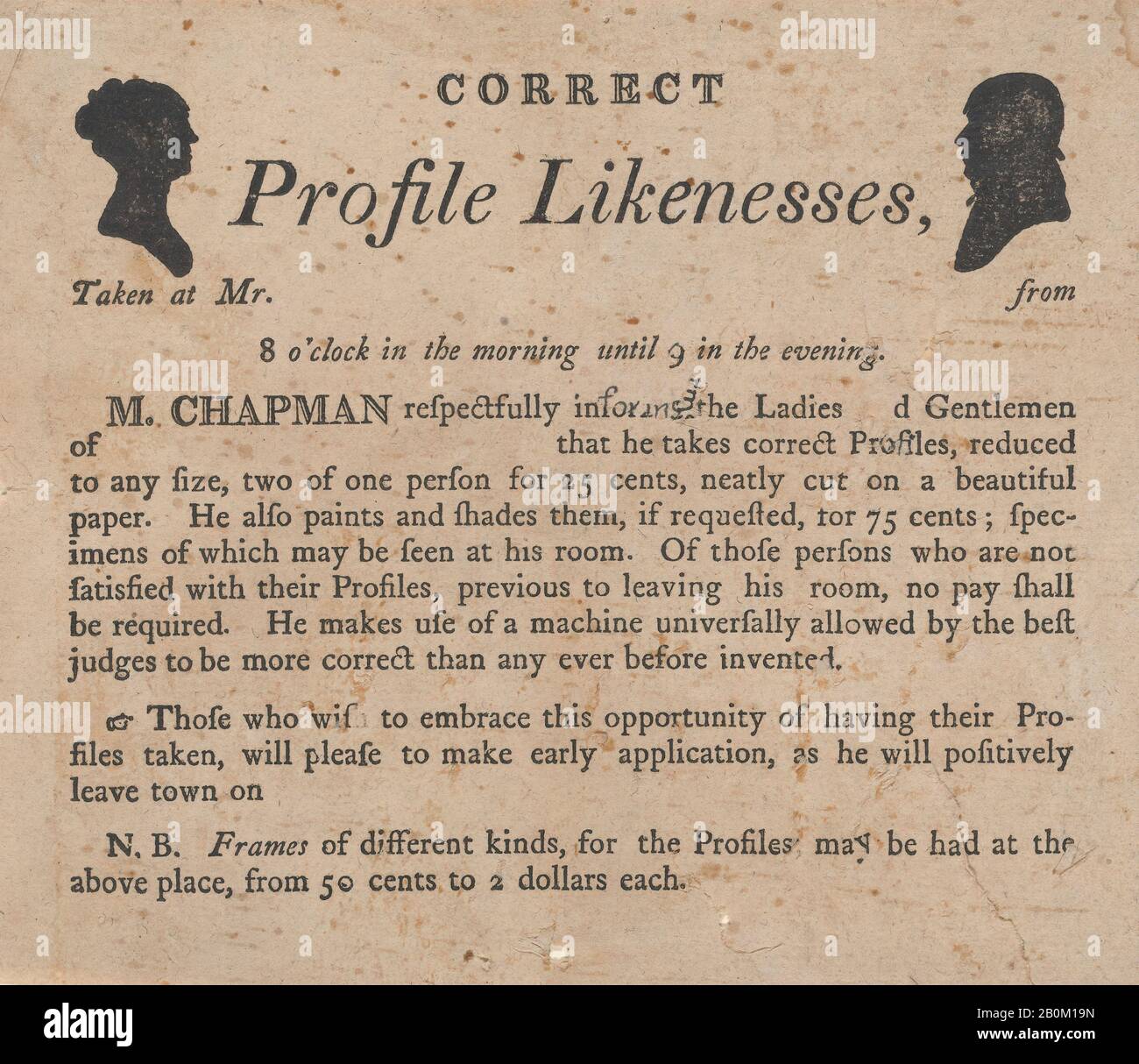 Anonimo, Pubblicità per le somiglianze di profilo di Moses Chapman, Anonymous, American, 19th Century, Moses Chapman (American, 1783–1821), 1803–21, Letterpress, foglio: 6 3/4 × 7 5/8 in. (17,2 × 19,4 cm Foto Stock