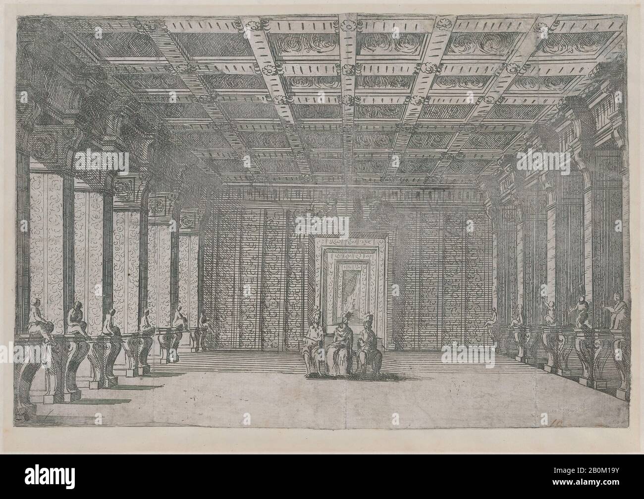 Forse dopo Ludovico Ottaviano Burnacini, scena Teatrale con tre figure sedute al centro di una sala con colonne a sinistra e a destra e soffitto a cassettoni, Eventualmente dopo Ludovico Ottaviano Burnacini (Mantova 1636–1707 Vienna (Austria attiva)), ca. 1650–1700, Incisione, Foglio (Rifilato): 7 13/16 × 11 9/16 In. (19,9 × 29,3 cm Foto Stock