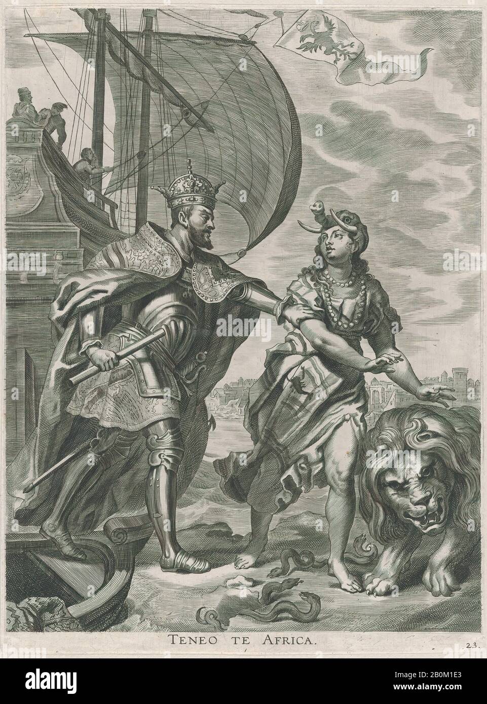 Jacob Neeffs, Piatto 23: Imperatore Carlo V, campagna in Africa; da Guillielmus Becanus's 'Serenissimi Principis Ferdinandi, Hispaniarum Infantis, Jacob Neeffs (fiammingo, Anversa 1610–dopo il 1660 Anversa), 1636, incisione, foglio (Rifilato): 14 5/8 × 10 7/8 in. (37,2 × 27,7 cm Foto Stock