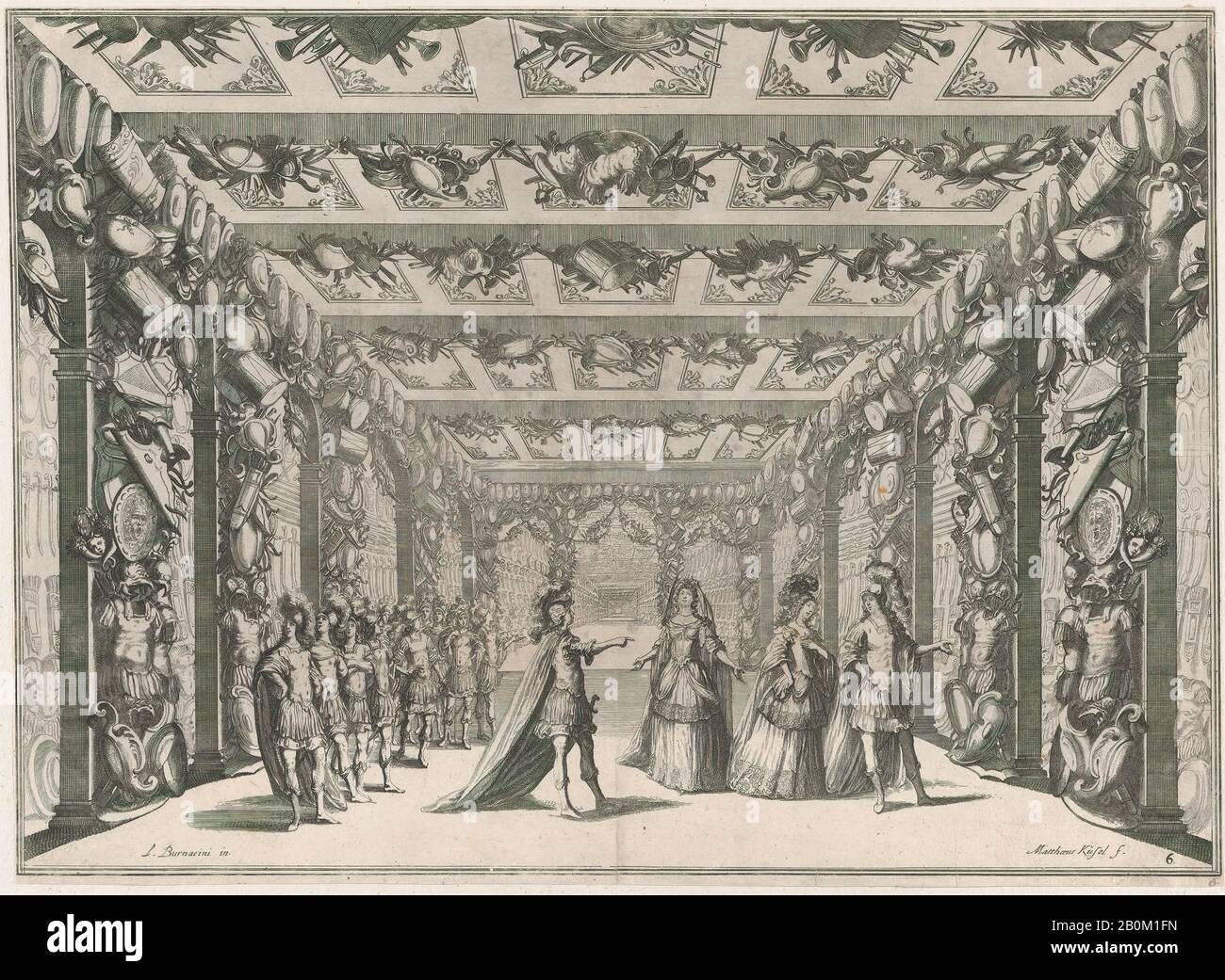 Mathäus Küsel, l'Arsenale; due soldati che convergono con due donne a destra come un gruppo di soldati si guardano da sinistra; si imposta il disegno da 'il fuoco eterno', Mathäus Küsel (tedesco, 1621–1682), dopo Ludovico Ottaviano Burnacini (italiano, Mantova 1636–1707 Vienna (Austria attiva)), 1674, Acquaforte, foglio (Rifilato): 12 in. × 16 9/16 in. (30,5 × 42,1 cm Foto Stock