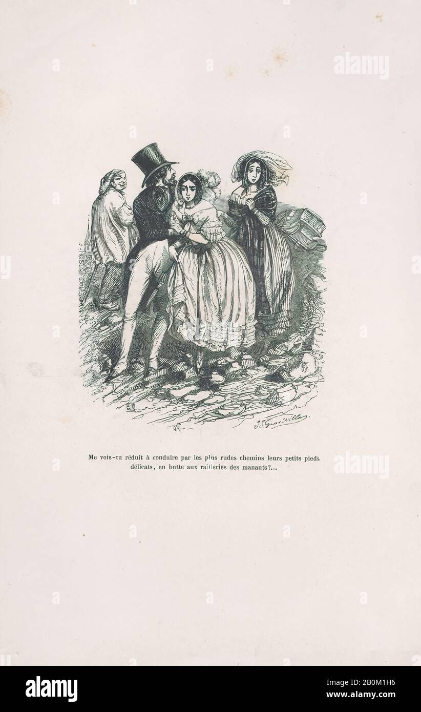 J. Grandville, 'mi vedete ridotto a guidare dai sentieri più difficili i loro piedi poco delicati, nella presa della beffa dei capi?' dalle Piccole Miserie della vita umana, Petites Misères de la vie Humaine, J. J. Grandville (francese, Nancy 1803–1847 Vanves), Paul-Émile-Daurand Forgues (Francese, Parigi 1813–1883 Cannes), Henri Fournier, 1843, Incisione Del Legno, Foglio: 11 1/4 × 7 1/2 In. (28,5 × 19 cm), stampe Foto Stock