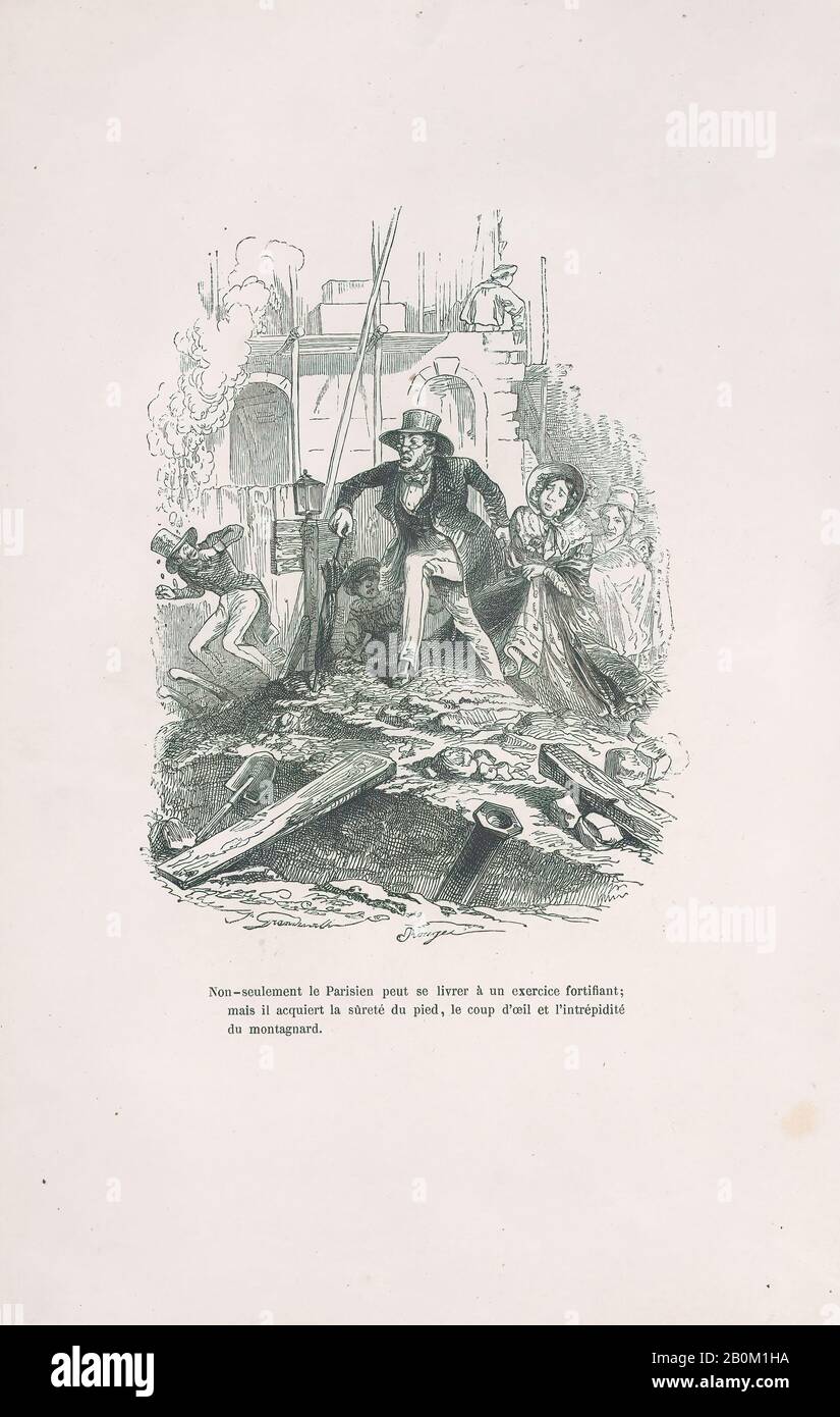 J. Grandville, 'Non solo il parigino può impegnarsi in un esercizio di rafforzamento; Ma acquista la sicurezza del piede, lo sguardo e l'intrepibilità dell'alpinista.' dalle Piccole Miserie della vita umana, Petites Misères de la vie Humaine, J. Grandville (francese, Nancy 1803–1847 Vanves), Paul-Émile-Daurand Forgues (francese, Parigi 1813–1883 Cannes), Henri Fournier, 1843, legno incisione, foglio: 11 1/4 × 7 1/2 in. (28,5 × 19 cm), stampe Foto Stock