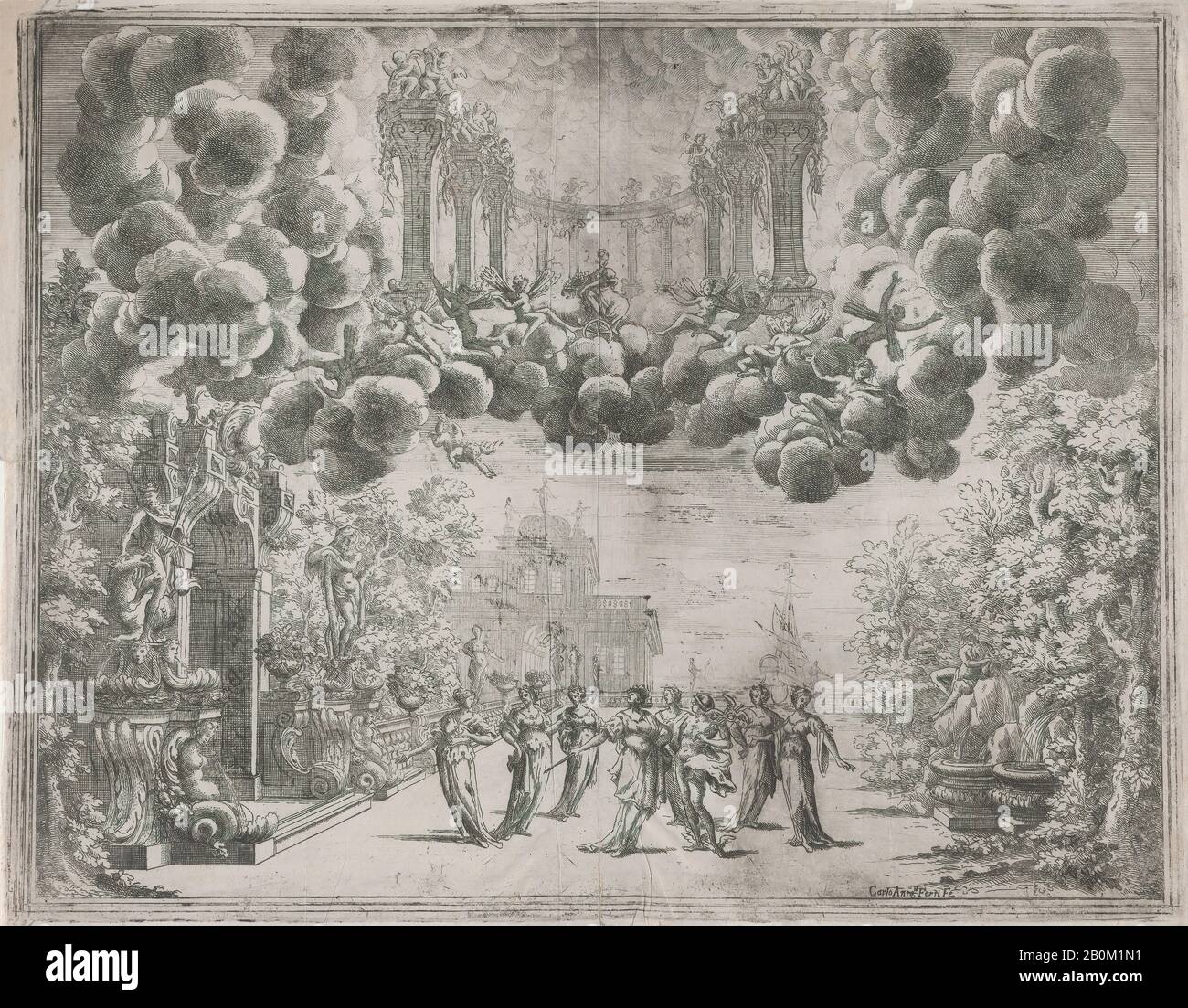 Carlo Antonio Forti, Stage design con figure allegoriche; da 'L'Idea di tutti le prestazioni, Piacenza', Carlo Antonio Forti (Parma 1657–1732 Modena), ca. 1690, Acquaforte, foglio: 12 13/16 × 16 7/16 in. (32,5 × 41,8 cm), Piastra: 12 1/2 × 15 7/8 in. (31,8 × 40,3 cm Foto Stock