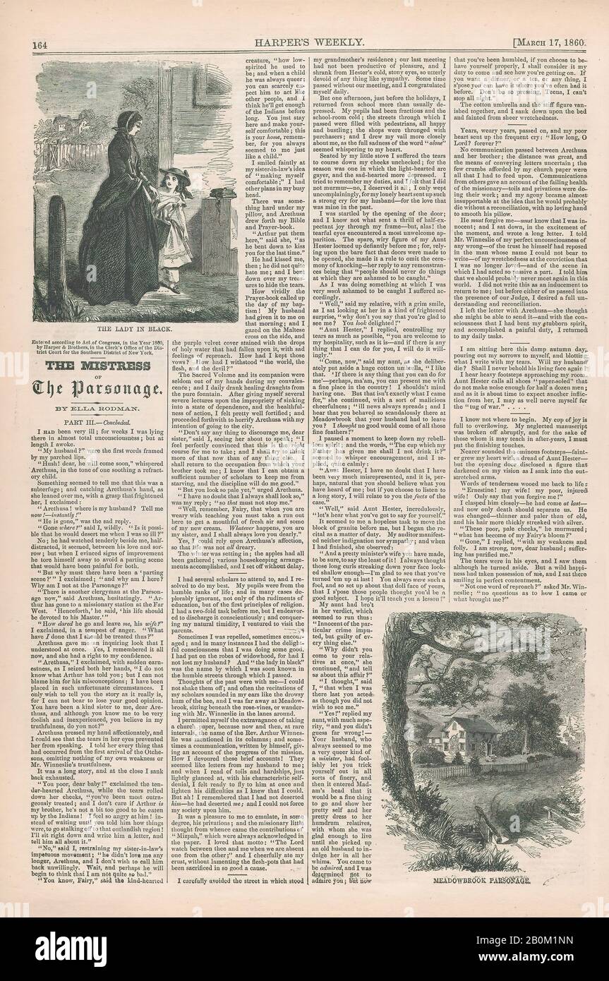 Dopo Winslow Homer, The Lady in Black, Meadowbrook Parsonage (la Mistress del Parsonage, in Harper's Weekly), Dopo Winslow Homer (americano, Boston, Massachusetts 1836–1910 Prouts Neck, Maine), 17 marzo 1860, incisione del legno, immagine: 4 3/8 x 3 3/8 in. (11,1 x 8,6 cm), foglio: 15 15/16 x 11 5/16 in. (40,5 x 28,7 cm), stampe Foto Stock