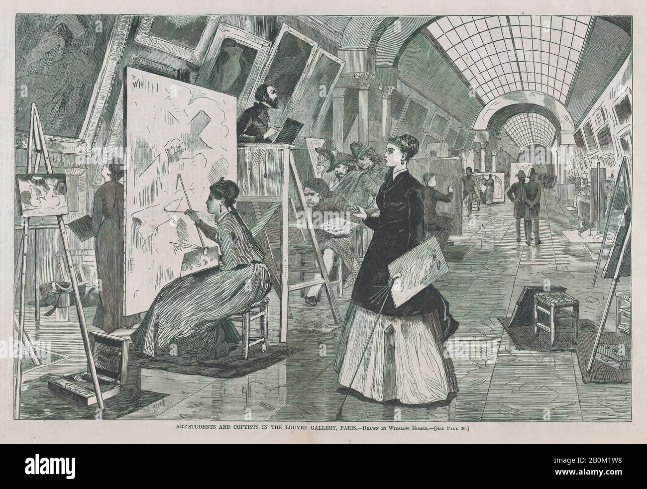 Dopo Winslow Homer, Studenti d'arte e Copisti nella galleria del Louvre, Parigi (Harper's Weekly, Vol. XII), Dopo Winslow Homer (American, Boston, Massachusetts 1836–1910 Prouts Neck, Maine), 11 gennaio 1868, incisione del legno, immagine: 9 1/16 x 13 3/4 in. (23 x 35 cm), foglio: 11 5/16 x 16 3/8 in. (28,8 x 41,6 cm), stampe Foto Stock