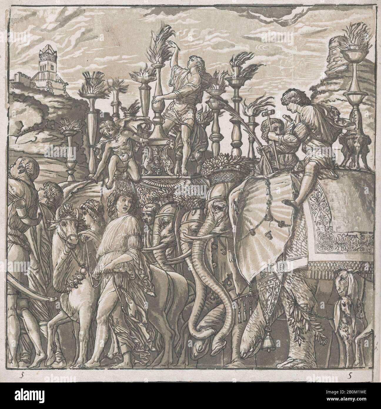 Andrea Andreani, Foglio 5: Elefanti, Dal Trionfo Di Giulio Cesare, Andrea Andreani (Mantova, 1558/1559-1629), Relatore Intermediale Bernardo Malpizi (Italiano, Ca. 1553–1623), Dopo Andrea Mantegna (Italiano, Isola di Carturo 1430/31–1506 Mantova), 1599, legno Chiaroscuro tagliato da due blocchi in inchiostro marrone chiaro, foglio: 15 1/2 × 15 1/4 in. (39,3 × 38,8 cm), immagine: 14 1/2 × 14 3/4 in. (36,8 × 37,5 cm), stampe Foto Stock