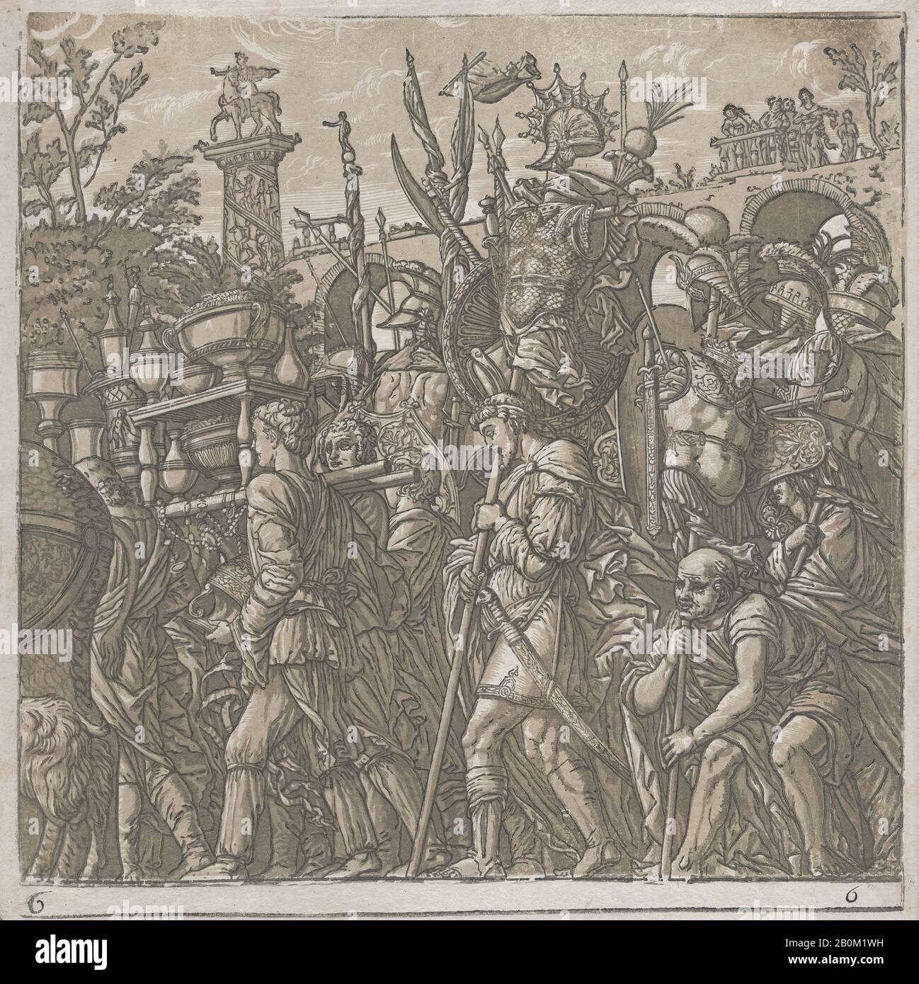 Andrea Andreani, foglio 6: Uomini che portano trofei, dal Trionfo di Giulio Cesare, Andrea Andreani (Mantova, 1558/1559-1629), relatore intermediario Bernardo Malpizi (italiano, ca. 1553–1623), Dopo Andrea Mantegna (Italiano, Isola di Carturo 1430/31–1506 Mantova), 1599, Chiaroscuro legno tagliato da quattro blocchi in inchiostro grigio-verde, foglio: 15 9/16 × 15 3/8 in. (39,5 × 39 cm), immagine: 14 7/16 × 14 3/4 in. (36,7 × 37,5 cm), stampe Foto Stock