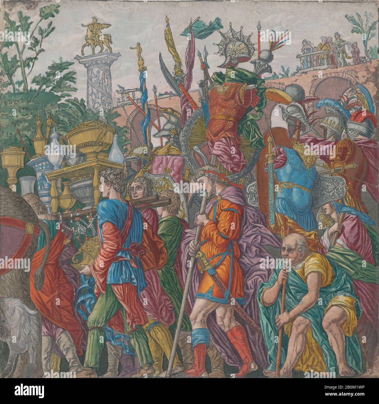 Andrea Andreani, foglio 6: Uomini che portano trofei, dal Trionfo di Giulio Cesare, dal Trionfo di Giulio Cesare, Andrea Andreani (Mantova, 1558/1559-1629), relatore intermediario Bernardo Malpizi (italiano, ca. 1553–1623), Dopo Andrea Mantegna (Italiano, Isola di Carturo 1430/31-1506 Mantova), 1599, taglio di legno A Mano, foglio: 14 15/16 × 14 13/16 in. (38 × 37,7 cm), stampe Foto Stock