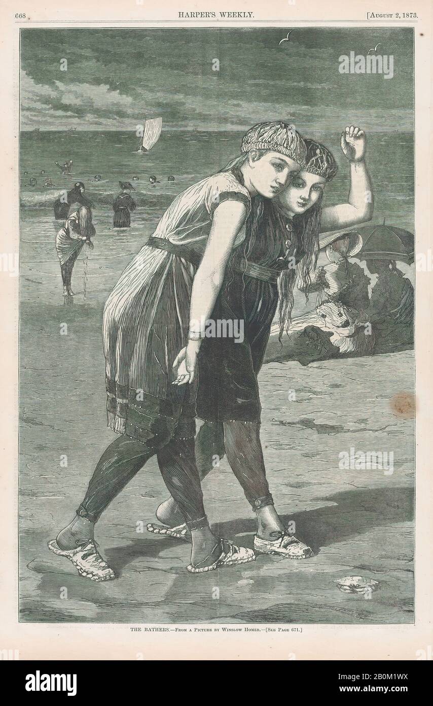 Dopo Winslow Homer, I Bagnanti (Harper's Weekly, Vol. XVII), William H. Redding (American, Active 1870s), 2 agosto 1873, incisione del legno, immagine: 13 3/4 x 9 1/4 in. (34,9 x 23,5 cm), foglio: 15 15/16 x 10 7/8 in. (40,5 x 27,6 cm), stampe Foto Stock