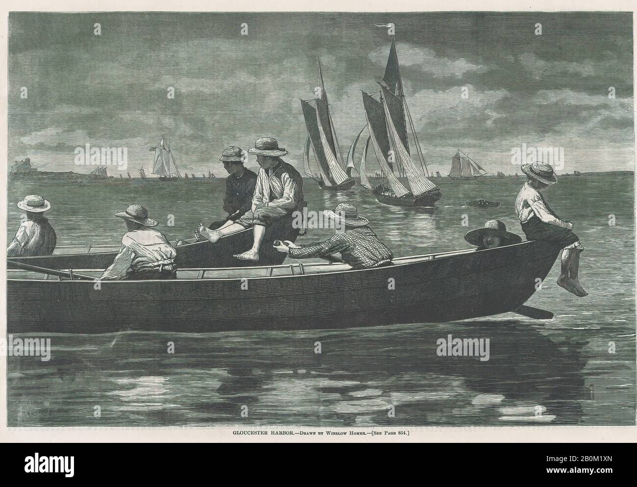 Dopo Winslow Homer, Gloucester Harbor (Harper'S Weekly, Vol. Xvii), Dopo Winslow Homer (American, Boston, Massachusetts 1836–1910 Prouts Neck, Maine), 27 Settembre 1873, Incisione Del Legno, Immagine: 9 3/8 X 14 Pollici. (23,8 x 35,6 cm), foglio: 10 7/8 x 16 pollici (27,7 x 40,6 cm), stampe Foto Stock