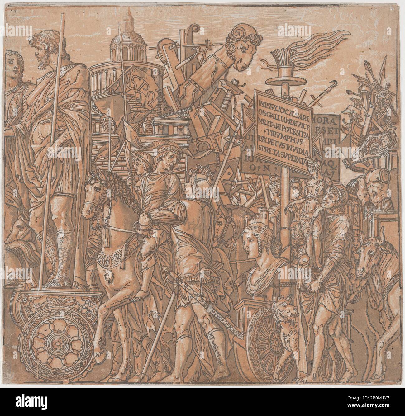 Andrea Andreani, foglio 2: Una figura su un carro trionfale circondato da figure a cavallo, dal Trionfo di Giulio Cesare, Andrea Andreani (Mantova, 1558/1559-1629), relatore intermediale Bernardo Malpizi (italiano, ca. 1553–1623), Dopo Andrea Mantegna (Italiano, Isola di Carturo 1430/31–1506 Mantova), 1599, legno Chiaroscuro tagliato da quattro blocchi stampati in rosa, foglio: 14 9/16 × 15 1/4 in. (37 × 38,7 cm), stampe Foto Stock