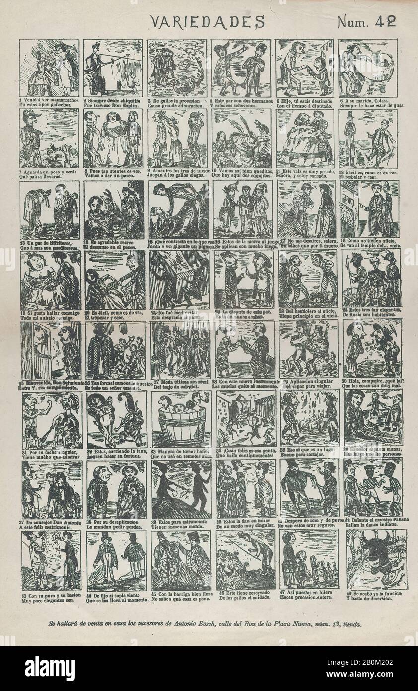 Antonio Bosch, Broadside con 48 scene di soggetti diversi, ca. 1865–68, Incisione (foto-rilievo?), foglio: 17 5/16 in. × 13 poll. (44 × 33 cm), stampe Foto Stock