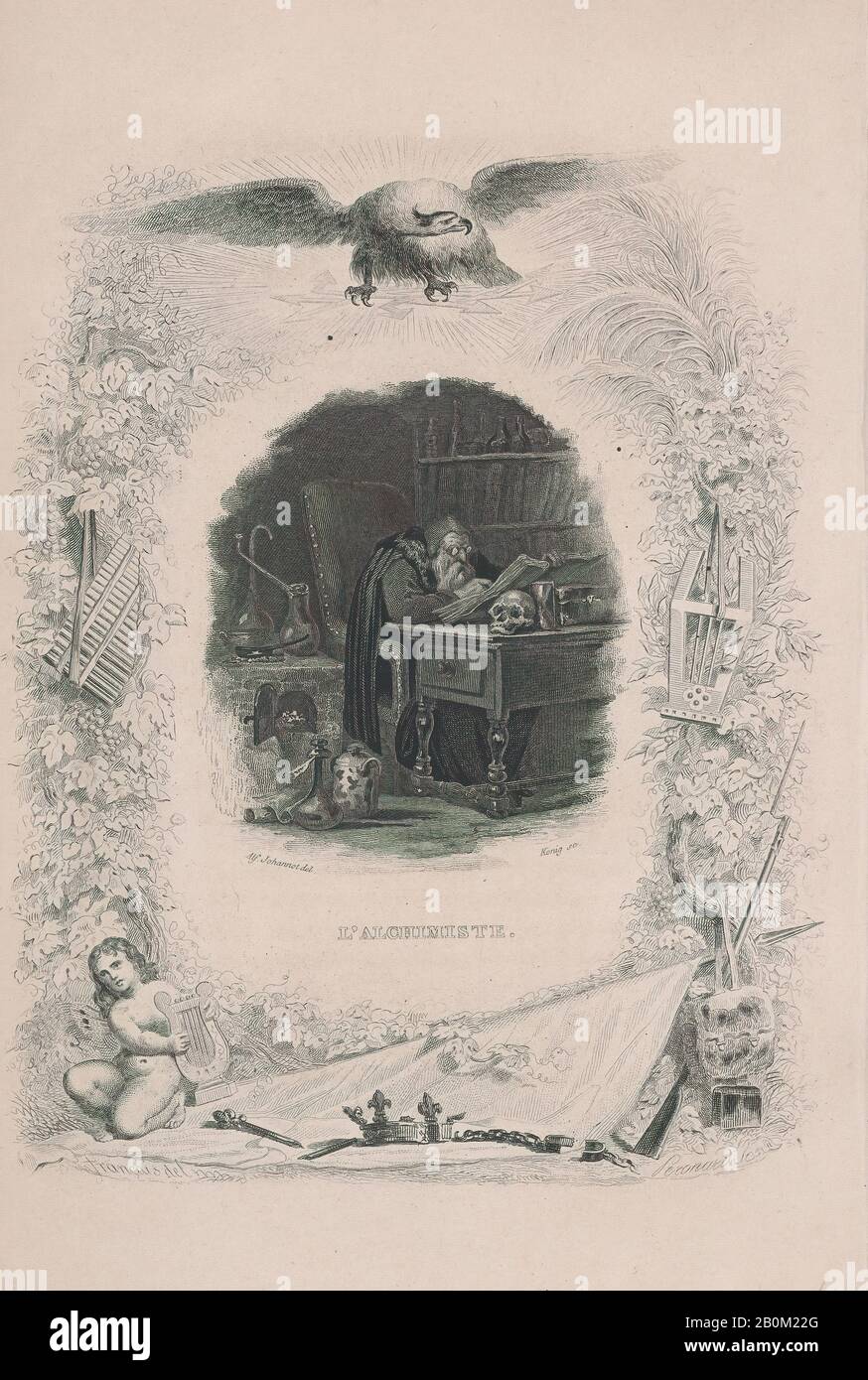 Alfred Johannot, 'l'Alchimista' dalle Canzoni di Béranger, Chansons de Béranger, König (Parigi attiva, ca. 1840), Melchior Péronard (Francese), Pierre Jean De Béranger (Francese, Parigi 1780–1857 Parigi), 1829, Intaglio, Foglio: 8 5/8 × 5 1/2 In. (21,9 × 14 cm), stampe Foto Stock