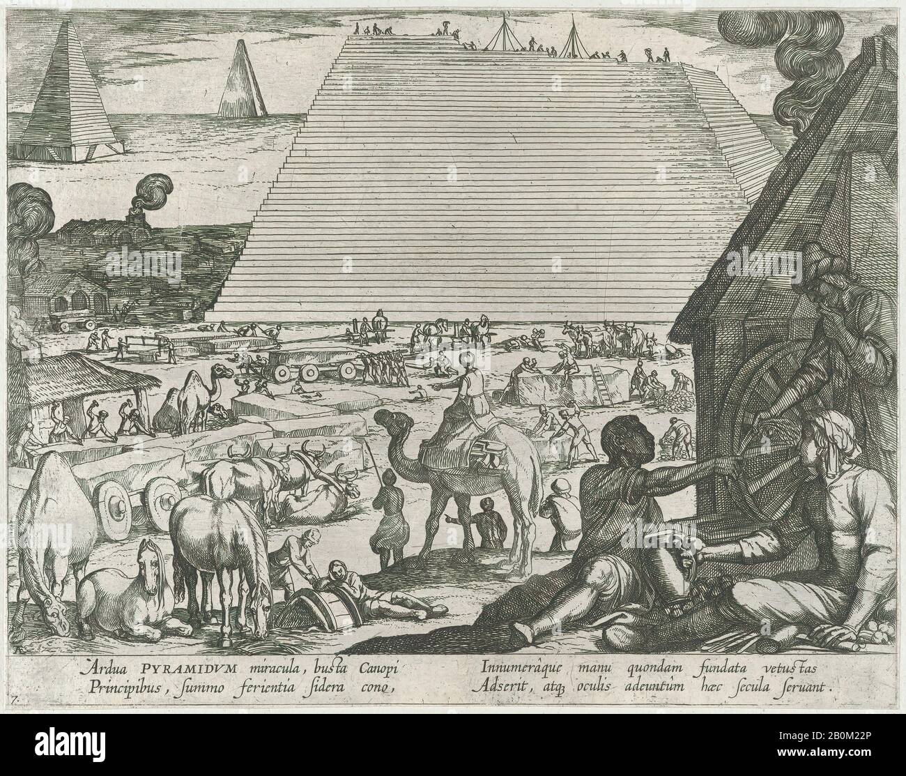 Antonio Tempesta, Piatto 7: Le Piramidi In Egitto, Dalle "Sette Meraviglie Del Mondo", Antonio Tempesta (Firenze 1555–1630 Roma), 1608, Incisione, Foglio (Rifilato): 8 7/8 × 11 1/4 In. (22,5 × 28,5 cm), stampe Foto Stock