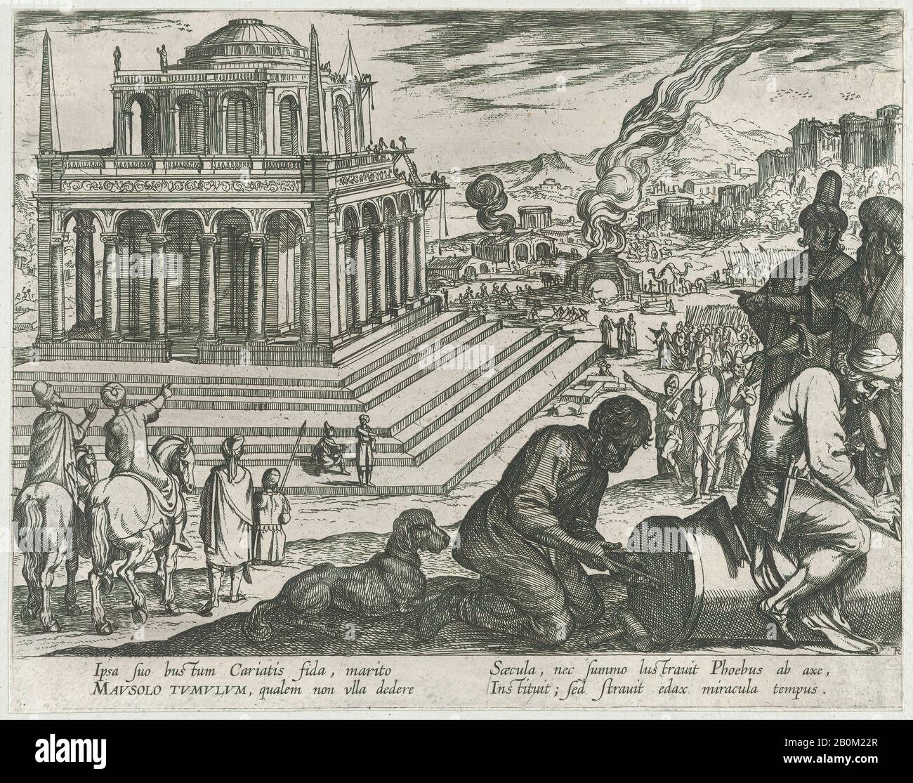 Antonio Tempesta, Piatto 5: La Tomba Di Mausolus, Da 'Le Sette Meraviglie Del Mondo', Antonio Tempesta (Firenze 1555–1630 Roma), 1608, Incisione, Foglio (Rifilato): 8 7/8 × 11 3/16 In. (22,5 × 28,4 cm), stampe Foto Stock