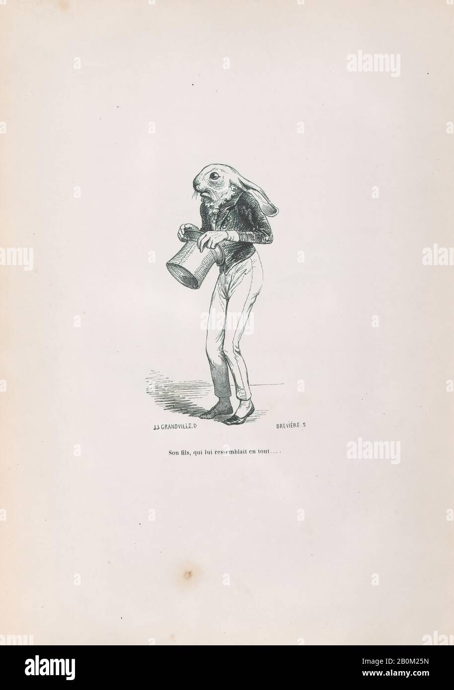 J. Grandville, "suo figlio, Che lo assomigliava in ogni modo, da Scene della vita privata e pubblica Degli Animali, Scene de la vie Privèe et Publique des Animaux, J. Grandville (francese, Nancy 1803–1847 Vanves), Louis-Henri Brevière (francese, Forges-les-Eaux 1797–1869 Hyers), Honoré de Balzac (francese, Tours 1799–1850, Parigi). 1837–47, incisione in legno, foglio: 10 5/16 × 7 3/16 in. (26,2 × 18,2 cm), stampe Foto Stock