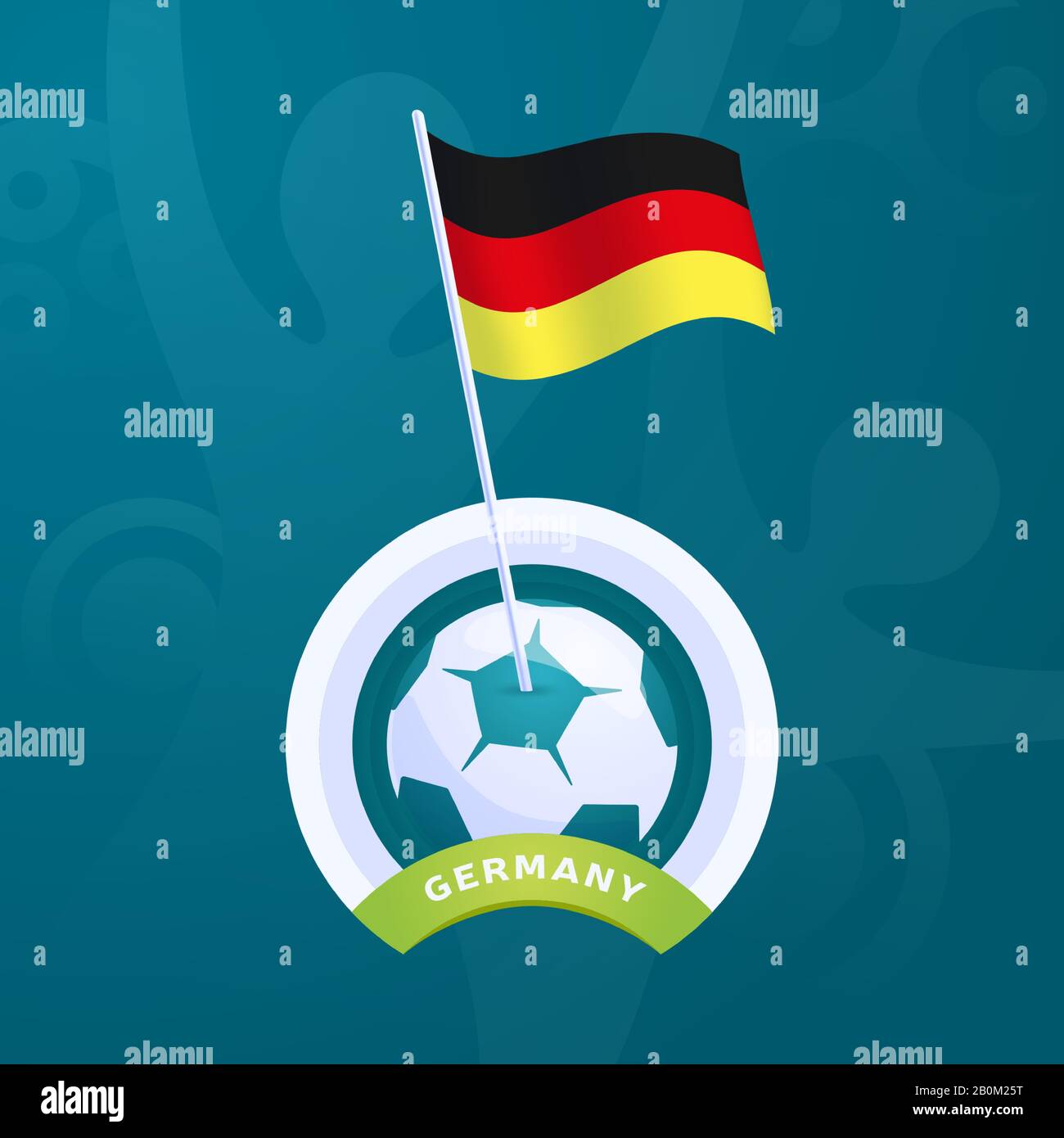 Germania bandiera del vettore fissata ad una sfera di calcio. Stadio finale del torneo europeo di calcio 2020. Colori e stile ufficiali del campionato Illustrazione Vettoriale