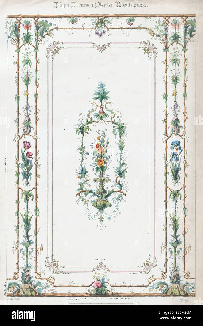 Anonimo, Francese, 19th secolo, Décor Fleurs et Bois Rustiques, Anonymous, Francese, 19th secolo, 19th secolo, Lithograph con acquerello, immagine: 14 1/16 × 9 3/8 in. (35,7 × 23,8 cm), foglio: 15 1/4 × 10 1/4 in. (38,8 × 26,1 cm), stampe Foto Stock