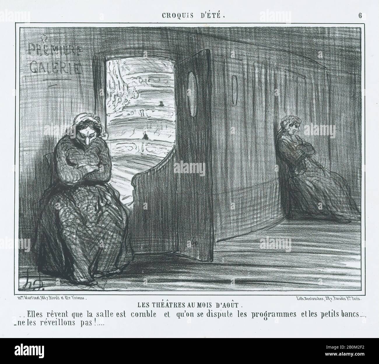 Honoré Daumier, Les Théâtres au Mois d'Août, di Croquis d'Été, pubblicato in le Charivari, 21 agosto 1856, Croquis d'Été, Honoré Daumier (francese, Marsiglia 1808-1879 Valmondois), 21 agosto 1856, Litograph; secondo stato di due (Delteil), 1/8 foglio: 10 13/16 × nel 14 agosto 1856. (27,5 × 35,8 cm), immagine: 7 3/4 × 10 1/8 in. (19,7 × 25,7 cm), stampe Foto Stock