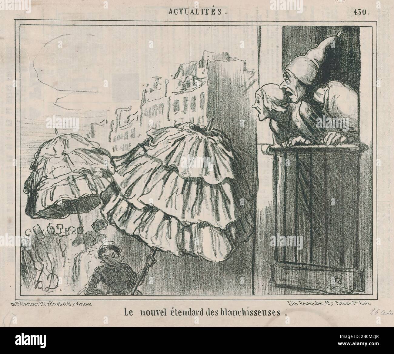 Honoré Daumier, le nouvel étendard des blanchisseuses, da Actualités, pubblicato in le Charivari, 26 agosto 1857, Actualités, Honoré Daumier (francese, Marsiglia 1808–1879 Valmondois), 26 agosto 1857, litografia su carta da giornale; secondo stato di due (Delteil 1/4), foglio: 13/16 ×. (26,1 × 37,6 cm), immagine: 8 1/4 × 10 11/16 in. (20,9 × 27,2 cm), stampe Foto Stock