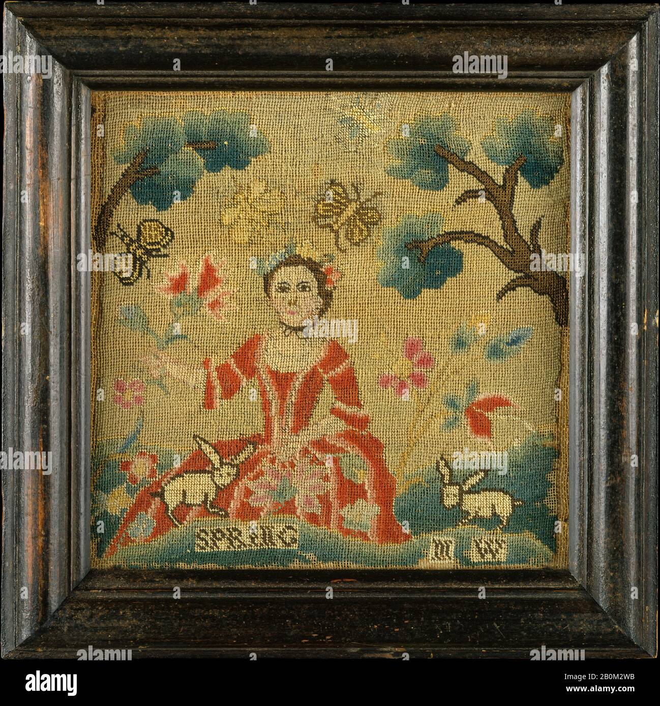 Mary Wright, Immagine Ricamata, Americana, Mary Wright (1740–1829), Possibilmente Sarah Osborn'S School, Ca. 1754, Fabbricato a Newport, Rhode Island, Stati Uniti, America, biancheria ricamata con filo di lana e seta, 7 5/8 x 7 5/8 in. (19,4 x 19,4 cm), Textiles Foto Stock