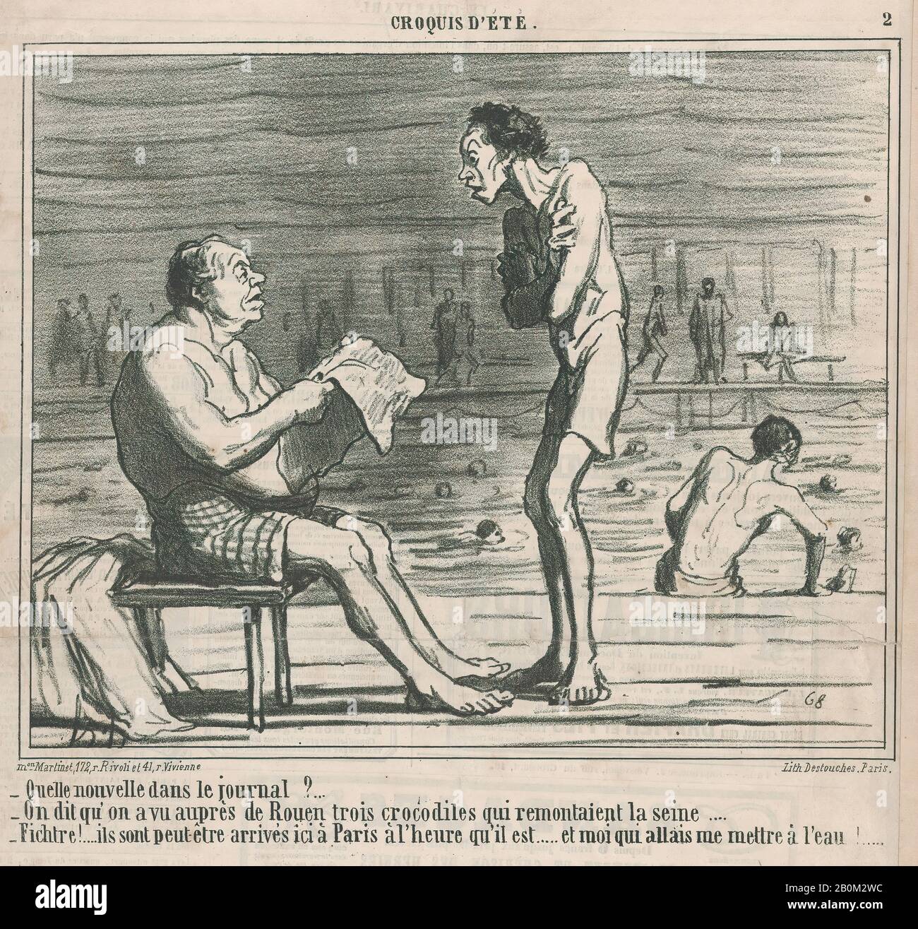 Honoré Daumier, quelle nouvelle dans le journal?, di Croquis d'Été, pubblicato in le Charivari, 5 agosto 1859, Croquis d'Été, Honoré Daumier (francese, Marsiglia 1808–1879 Valmondois), 5 agosto 1859, litografia su carta da giornale; secondo stato (Delteil), immagine: 8 in × 1/2 10. (21,6 × 26,7 cm), foglio: 11 13/16 × 11 3/16 in. (30 × 28,4 cm), stampe Foto Stock